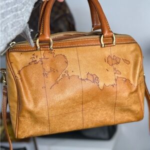 Alviero Martini Cognac Brown Map-Print Leather Satchel